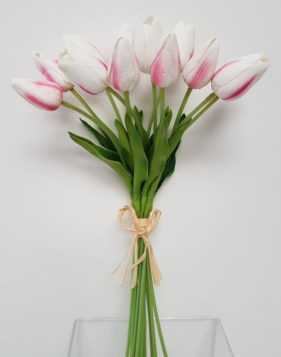 14" TULIP BUNCH - White/Pink REAL TOUCH