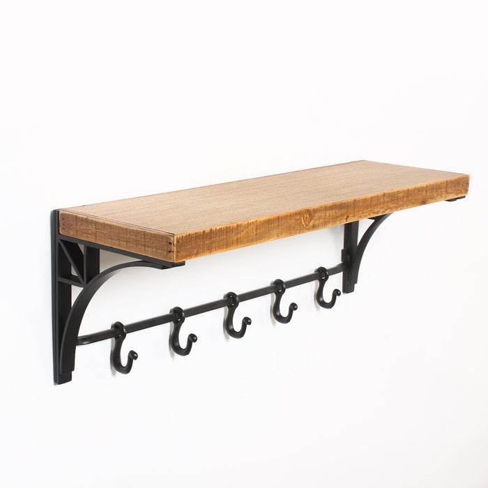 WOODEN AND METAL WALL SHELF WITH 5-HOOKS