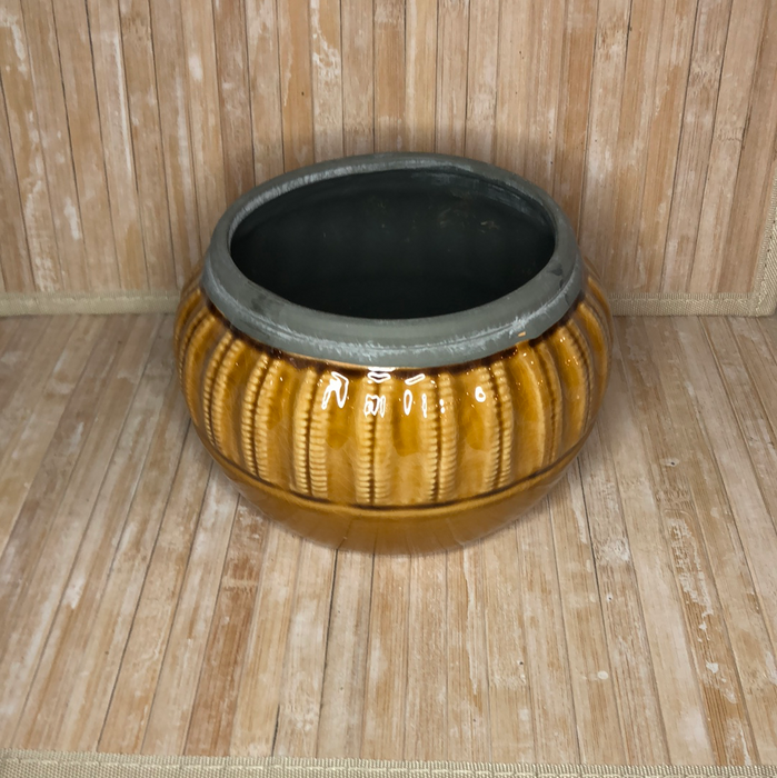 Mustard yellow ceram pot with grey trim