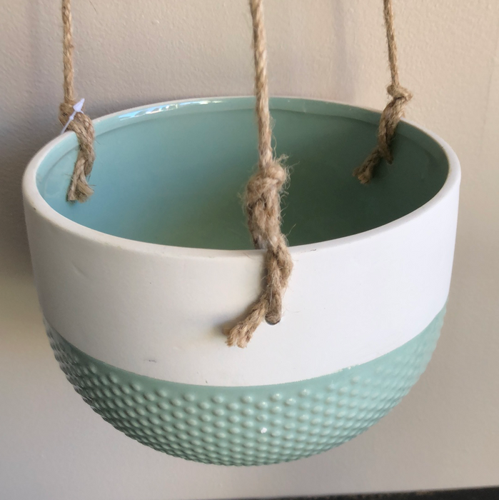 Hanging planter with beige pot